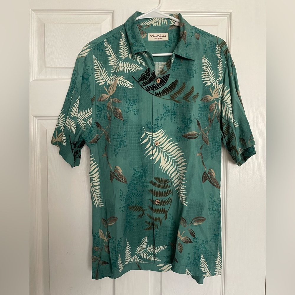 Caribbean Silk Blend Men’s Medium Teal Tropical Print Hawaiian Shirt